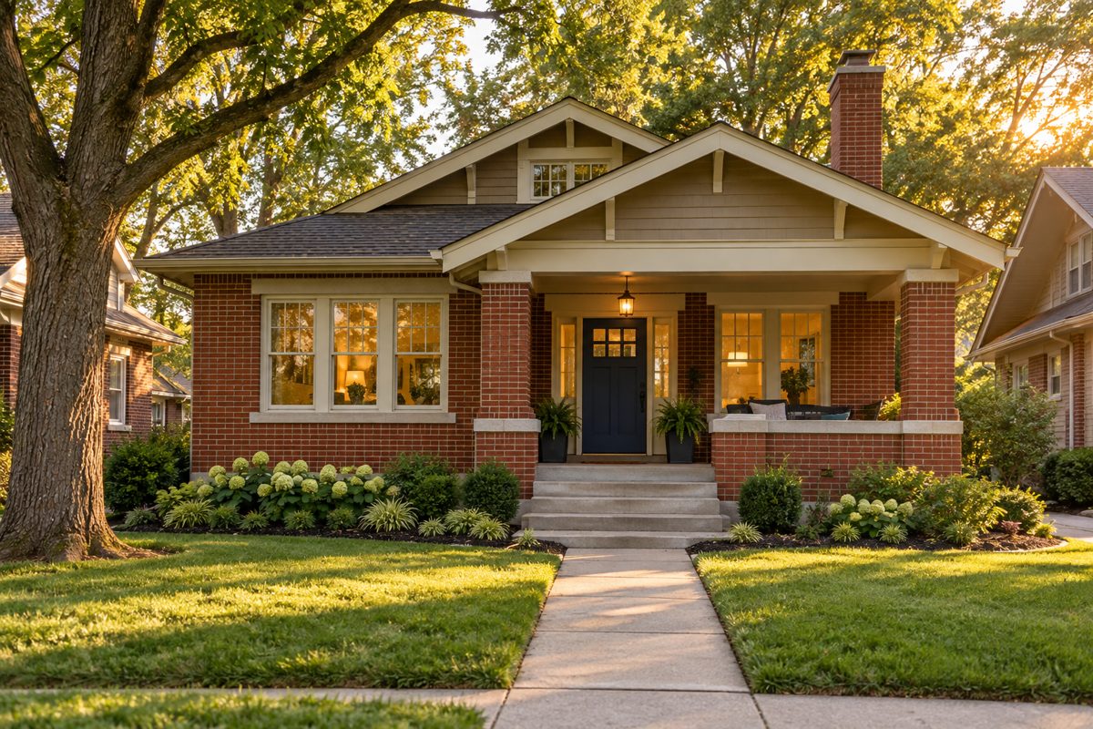 Illustrative: a renovated brick bungalow with a covered porch